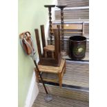 A SMALL SELECTION OF USEFUL DOMESTIC ITEMS to include shooting stick, waste paper basket, stools,