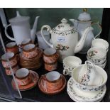 A HAND PAINTED EGGSHELL PORCELAIN JAPANESE COFFEE SET together with three pieces of white glaze