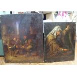TWO 'ANTIQUE' PAINTED WOODEN PANELS, one depicting tavern interior, the other a female merchant