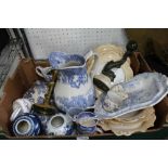 A BOX CONTAINING A SELECTION OF DOMESTIC POTTERY together with a stylised fish, on marble plinth