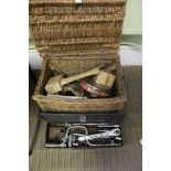 A WOVEN WICKER CREEL CONTAINING A SELECTION OF DOMESTIC TOOLS, to include a cased socket wrench set,