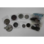 A QUANTITY OF MIXED COINS, to include a 1797 Cartwheel Penny, commemoratives, weights etc.