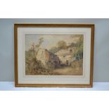 A 19TH CENTURY WATERCOLOUR STUDY OF A PROBABLE CONTINENTAL FARMSTEAD, with figure in the doorway,