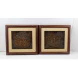 A PAIR OF BRONZED COPPER PANELS, children playing, in the manner of Elkington, 19cm x 22cm, mahogany