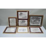 SIX VARIOUS GLAZED & FRAMED SKETCH CARTOONS by MacLachlan, 32cm x 40cm average size