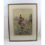 F. MEARNS "Gleaner and Children at the Fallen Fence", Watercolour painting, signed, 42cm x 29cm,