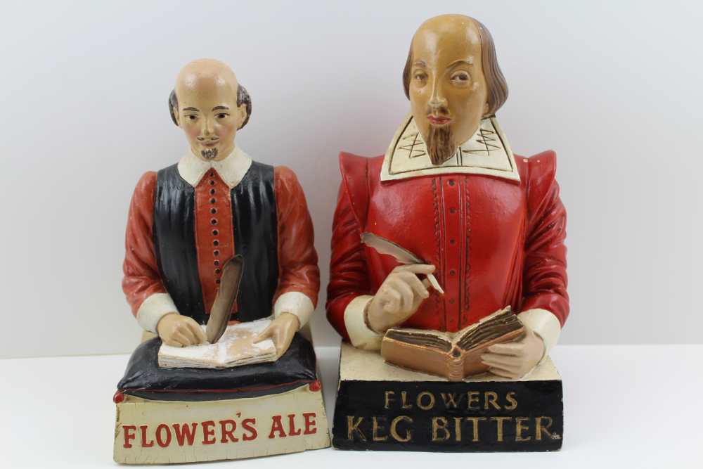 TWO EARLY 20TH CENTURY COMPOSITION 'FLOWERS' BREWERY BAR TOP DECORATIONS, depicting Shakespeare, one