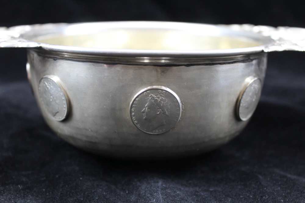 A SUBSTANTIAL WHISKY QUAICH , the silver-plated body inset coins, to the base a 1797 'cartwheel' - Image 4 of 4