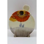 A CLARICE CLIFF 'BONJOUR' SHAPE CERAMIC PRESERVE POT, hand painted 'Rhodanthe' pattern, 8.5cm wide