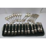 A COLLECTION OF THREAD PATTERN TABLE CUTLERY including 6 fish knives, 9 table forks, 9 dessert
