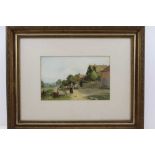 LATE 19TH CENTURY SCHOOL 'The Farmyard', figures at the water trough, farm buildings, distant
