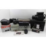 A PENTAX P50 SLR CAMERA together with various lenses, camera bag, flash unit, Sanyo Cine camera,