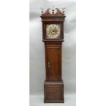 A LATE 18TH / EARLY 19TH CENTURY OAK & MAHOGANY PLAIN FORMED LONGCASE CLOCK, the silvered chapter