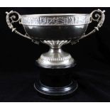 ELKINGTON & CO. LTD A LATE 19TH CENTURY SILVER TWO-HANDLED TROPHY BOWL, cast scroll handles, the