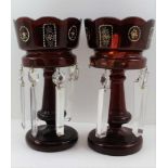 A PAIR OF LATE VICTORIAN RUBY GLASS CANDLE LUSTRES, clear facet cut droppers, 25.5cm high
