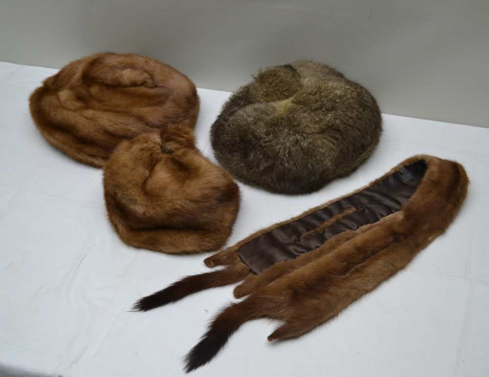 THREE FUR LADY'S HATS; including two mink, one labelled "Hermine, Paris" and a mink collar (4)