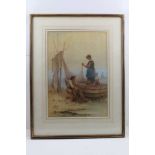 F. MEARNS 'Mending the Nets', figures on a beach, Watercolour painting, signed, 42cm x 29cm, gilt