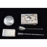 A COLLECTION OF SILVER ITEMS to include; two matchbox covers, a Wardell & Kempson niello silver