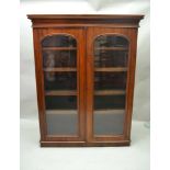 A LATE 19TH CENTURY MAHOGANY TWO-DOOR BOOKCASE with plain arch topped glazed panels, on a short
