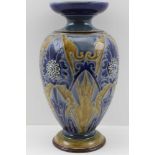 A 19TH CENTURY DOULTON LAMBETH STONEWARE VASE of baluster form, incised and applied decoration, blue
