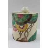 A CLARICE CLIFF 'AUREA' PATTERN HAND PAINTED CERAMIC CYLINDRICAL DRUM FORM PRESERVE JAR with
