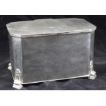 A MAPPIN & WEBB PRINCE'S PLATE TABLE CADDY / BISCUIT BOX, hinged cover, raised on Art Deco design