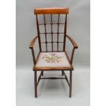 AN ARTS & CRAFTS PERIOD MAHOGANY AND BEECH LATTICE BACK CHAIR, with satinwood crossbanded crest