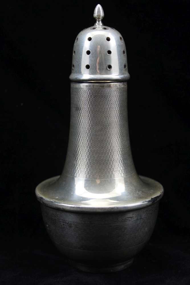 JOSEPH GLOSTER LTD. A SILVER SUGAR CASTER, engine turned decoration to the neck and the body,
