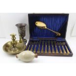 A COLLECTION OF VARIOUS COLLECTABLE ITEMS comprising; a 19th century brass chamber stick with