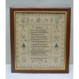 AN EARLY 19TH CENTURY GLAZED & FRAMED SAMPLER with Religious script, bound by flora & fauna, by
