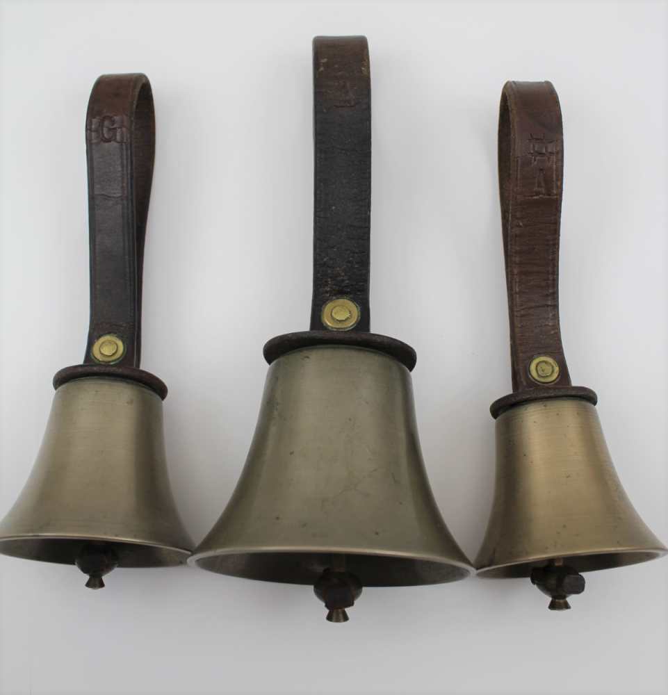 A SET OF SIX HAND BELLS, with butler straps, the leather caps embossed 'GW', (Probably for the - Image 2 of 5