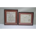 TWO ANTIQUE GLAZED & FRAMED MAPS, one showing the counties of England at Saxon times, the other