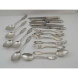 A PART SET OF RUSSIAN SILVER PLATED FLATWARE & CUTLERY, having shaped terminals decorated with