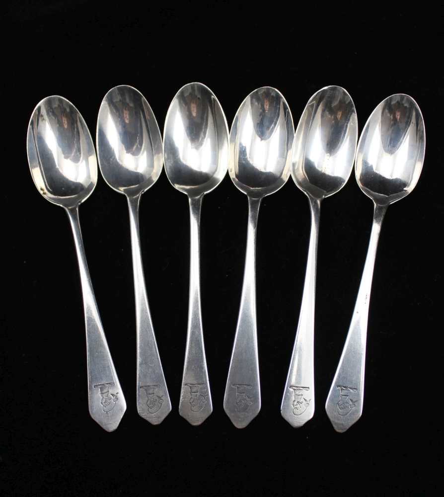 THOMAS STREETIN A SET OF SIX 19TH CENTURY BRITANNIA STANDARD SILVER COFFEE/TEA SPOONS, of rat tail