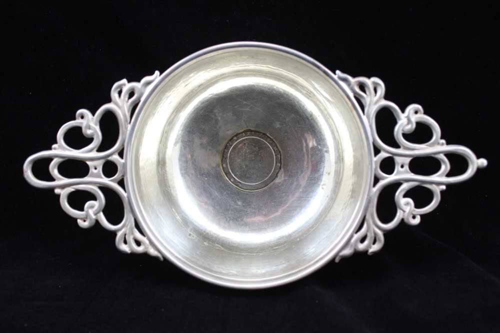 A SUBSTANTIAL WHISKY QUAICH , the silver-plated body inset coins, to the base a 1797 'cartwheel' - Image 2 of 4