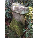 A SANDSTONE STADDLE STONE & CAP standing 103cm high inclusive