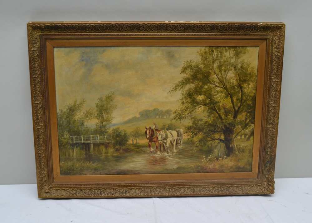HENRY HARPER 'Sandleford Waters, Hants', A Drover and Horses crossing a Ford, oil on canvas,