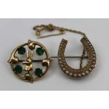 A 15CT GOLD BROOCH OF HORSESHOE DESIGN, inset seed pearls, fitted a safety chain, together with A