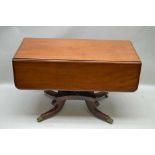 A 19TH CENTURY MAHOGANY DROP LEAF PEMBROKE TABLE, fitted one end drawer, on gun barrel single