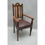 A LATE 19TH / EARLY 20TH CENTURY OAK VERNACULAR SCOTTISH ARTS & CRAFTS DESIGN SLAT BACKED ARMCHAIR