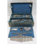 A JEWELLERY BOX OF COSTUME JEWELLERY, mostly marcasite and filigree work, mostly brooches and rings,