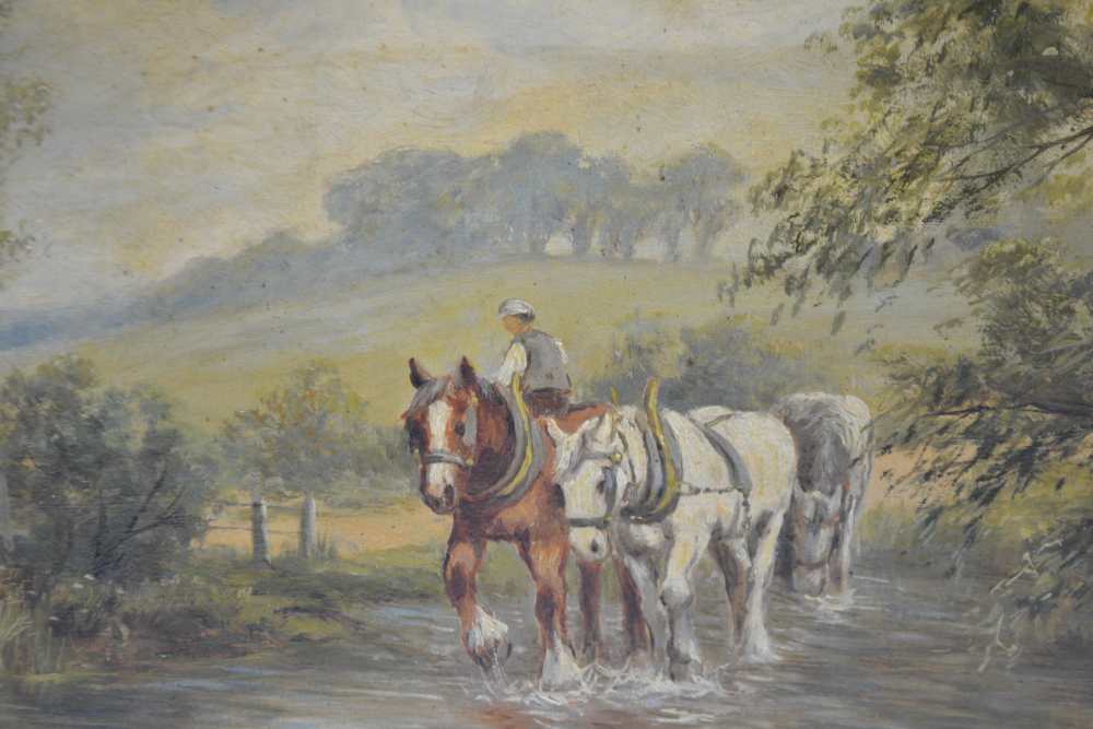 HENRY HARPER 'Sandleford Waters, Hants', A Drover and Horses crossing a Ford, oil on canvas, - Image 2 of 3