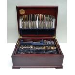 A BUTLER OF SHEFFIELD COMPREHENSIVE MAHOGANY CANTEEN CASE OF SILVER PLATED CUTLERY, comprising; 12