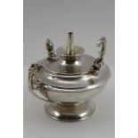 A LATE VICTORIAN SILVER TABLE LIGHTER of lantern form, having acanthus leaf scroll handles, 7cm