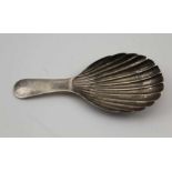 WILLIAM OSBORNE A GEORGE IV SILVER CADDY SPOON of scallop form, with plain handle. Dublin 1821, 13.