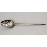 AN 18TH CENTURY SILVER MOTE SPOON, flower and scroll decoration to the reverse of the bowl, possibly