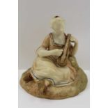 A ROYAL WORCESTER CHINA FIGURINE modelled as a seated girl playing a string instrument, factory mark