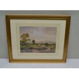 20TH CENTURY BRITISH SCHOOL 'Landscape with cottages of solitary Figure', Watercolour painting,