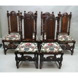 A SET OF SIX STUART DESIGN OAK SINGLE CHAIRS, each having arched panelled back, flanked by twin