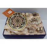 A BOXED ROYAL CROWN DERBY ENGLISH IMARI PATTERNED MINIATURE TEA SERVICE, with teapot, cream,